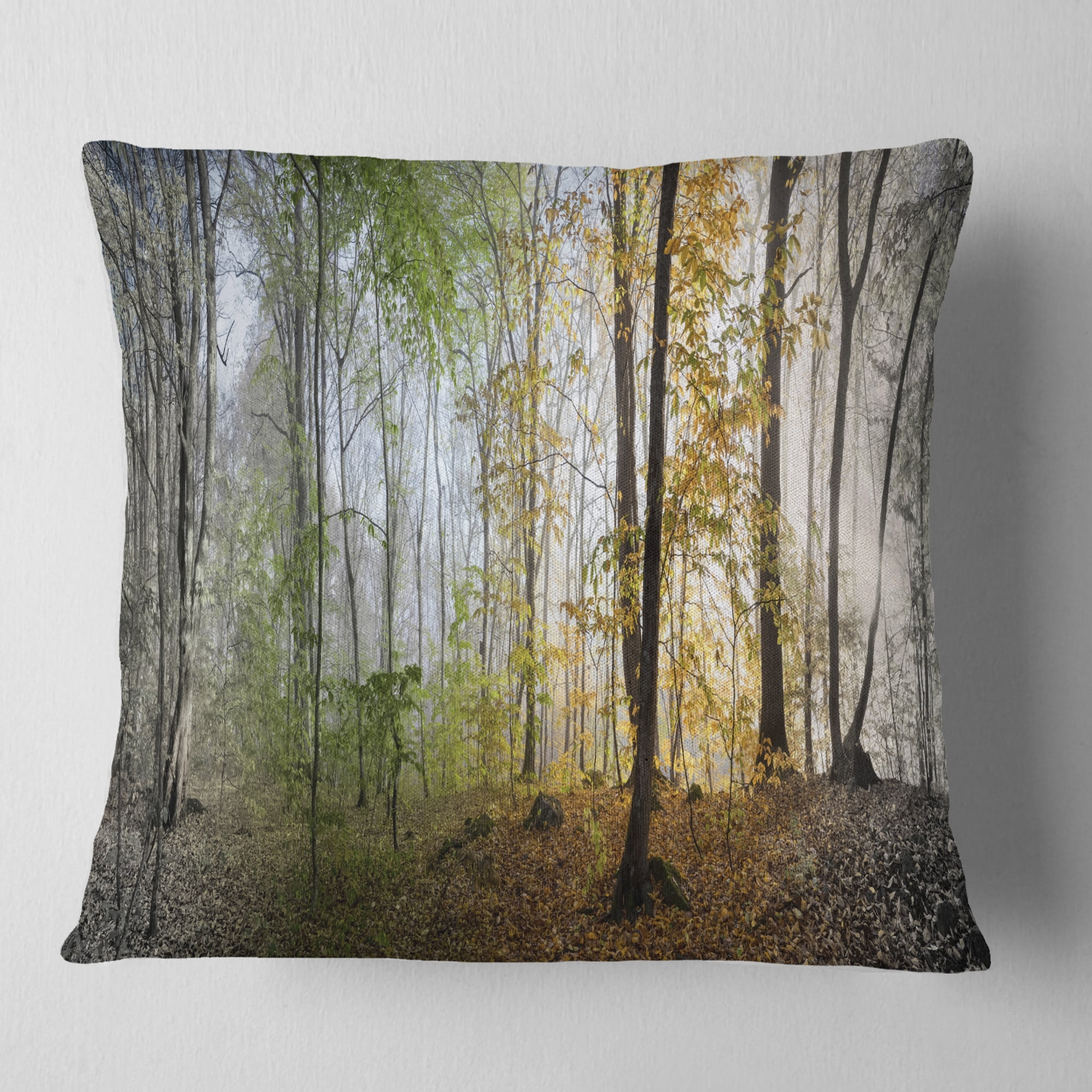 Designart Morning Forest Panoramic View - Landscape Photography Throw Pillow - 16x16