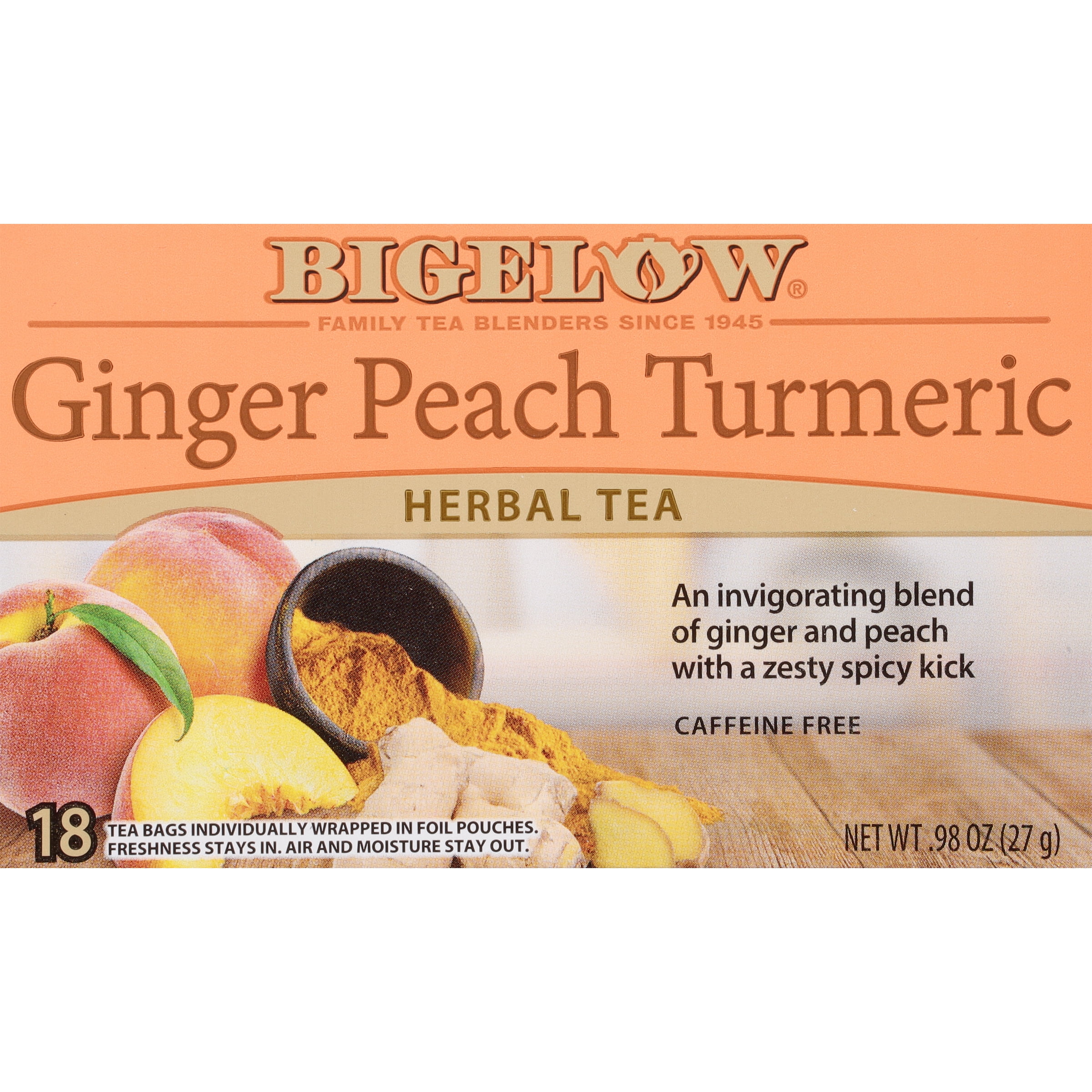 Bigelow Ginger Peach Turmeric, Caffeine-Free Herbal Tea Bags, 18 Count