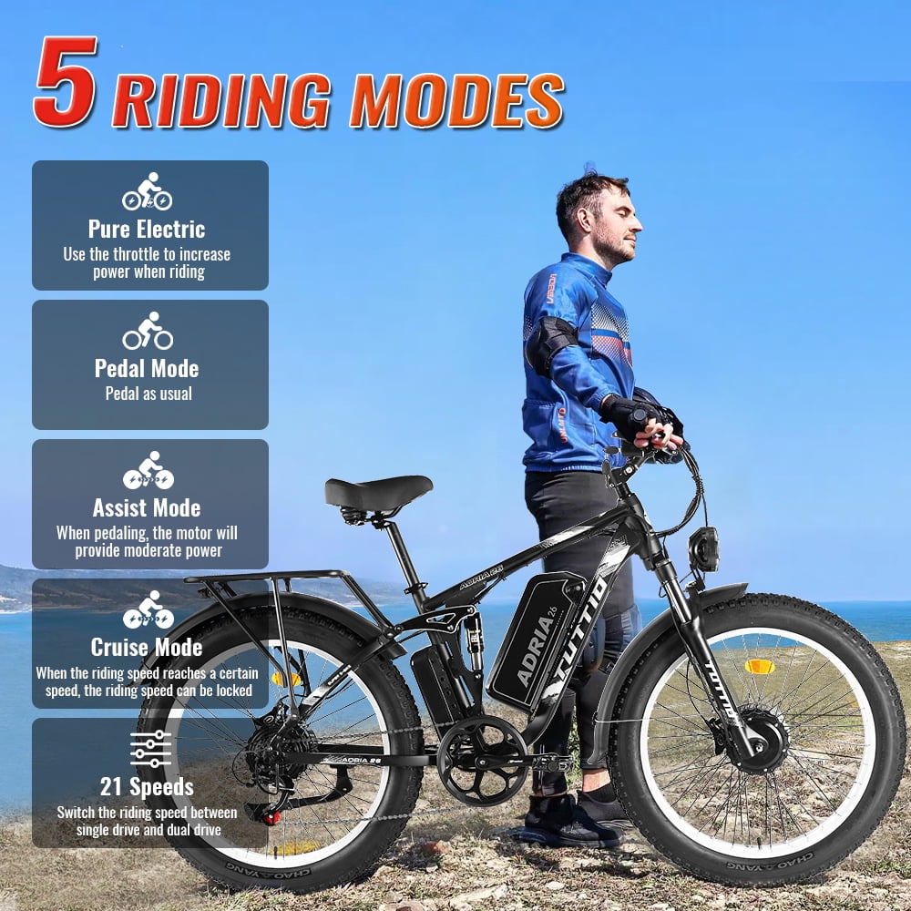 TUTTIO Adria26 Electric Mountain Bike for Adults Teen with Helmet, 5000W Men Off-Road Ebike, 26" Fat Tire Full Suspension Electric Bicycles, 7 Speed, 52V 30Ah Battery, Max 46Mph UL2849