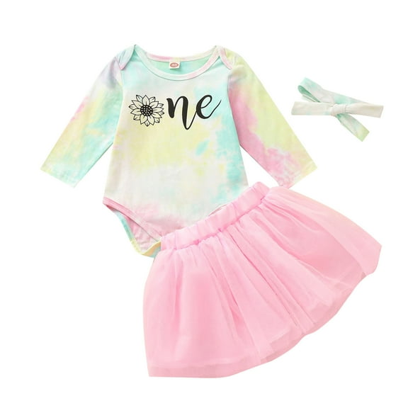 Fesfesfes Newborn Infant Baby Bodysuit Girls Letter Print Birthday Romper Long Sleeve Tops Tutu Skirt Hairband Sets