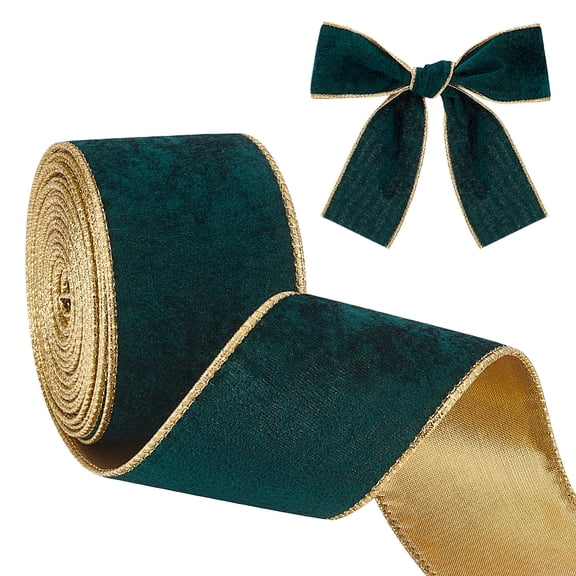 10 Yards Velvet Wired Ribbon 2.5 Inch Dark Green and Gold Velvet Ribbon