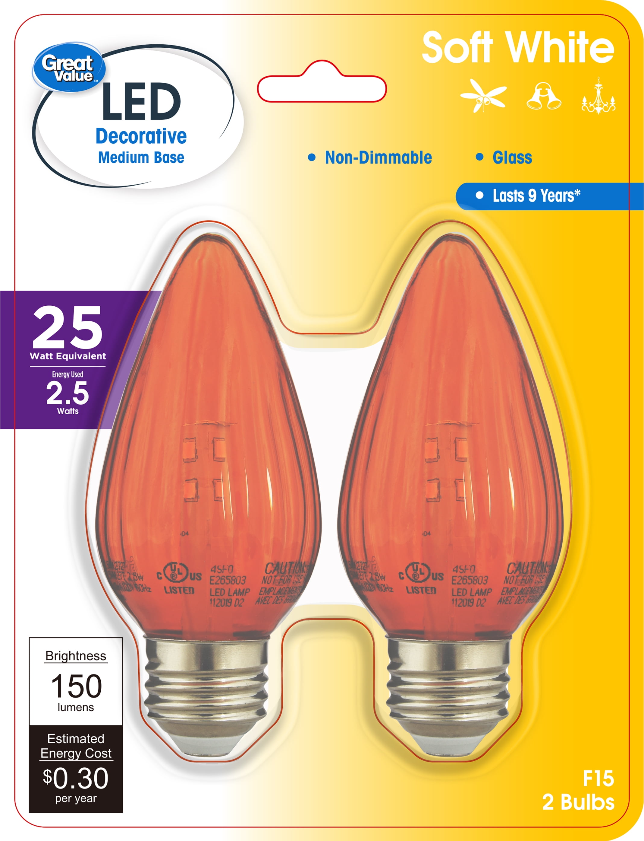 (2 pack) Great Value F15 LED 2.5W (25W Equivalent) Soft White Bulbs,Decorative Red Color Medium Base,2 Pack