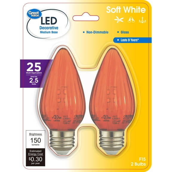 Great Value F15 LED 2.5W (25W Equivalent) Soft White Bulbs,Decorative Red Color Medium Base,2 Pack