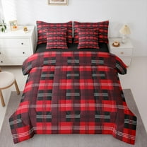 Homewish Fashion Checkered Plaid Bedding Comforter Set 7pcs for Kids, Black Red Rectangle Square Queen Bedding Sets, Chic Buffalo Reversible Queen Sheet Sets, Super Cozy Room Decor