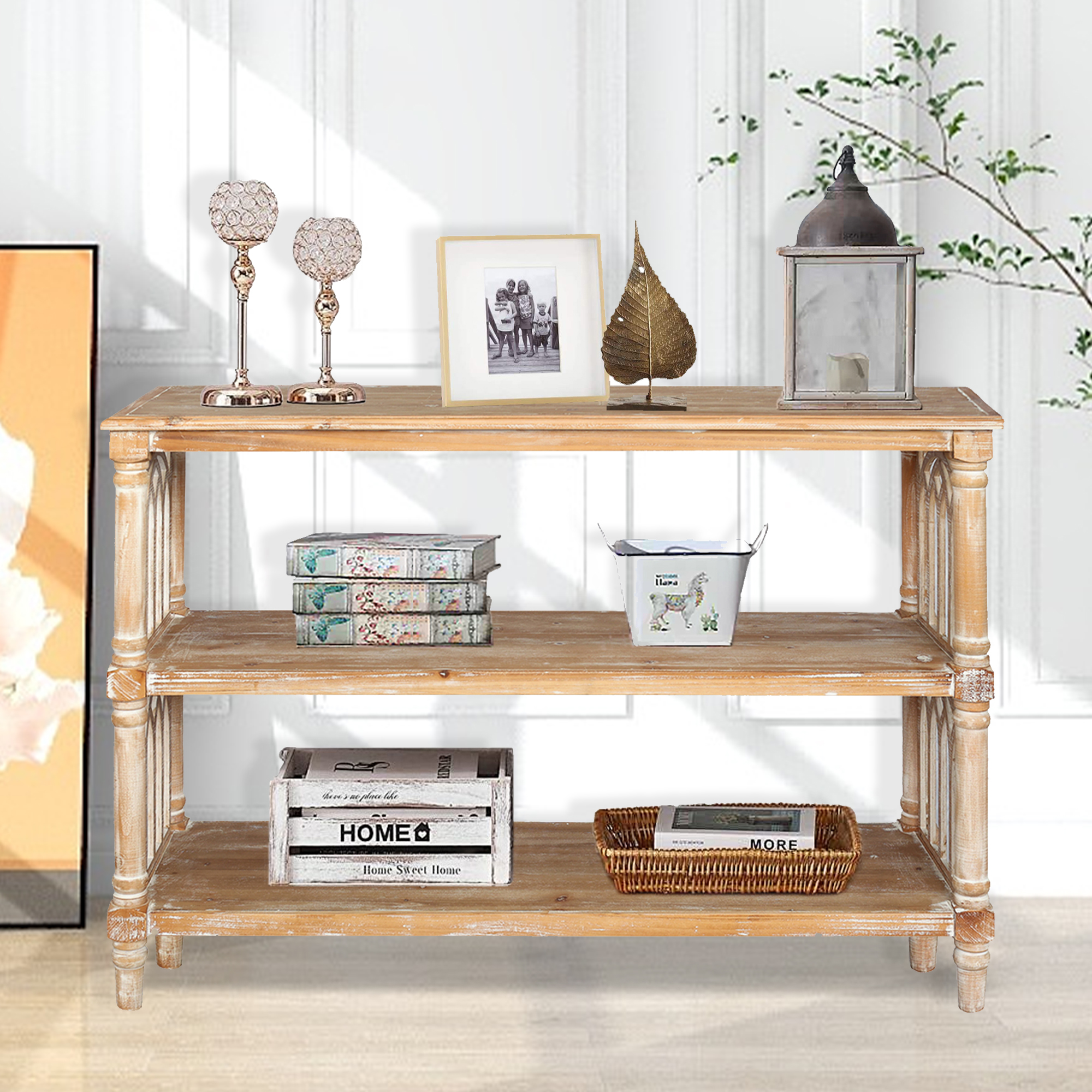MDQMD Antique 3-Tier Console Table with Storage,47.24" Natural Wood Entryway Table for Living Room & Hallway