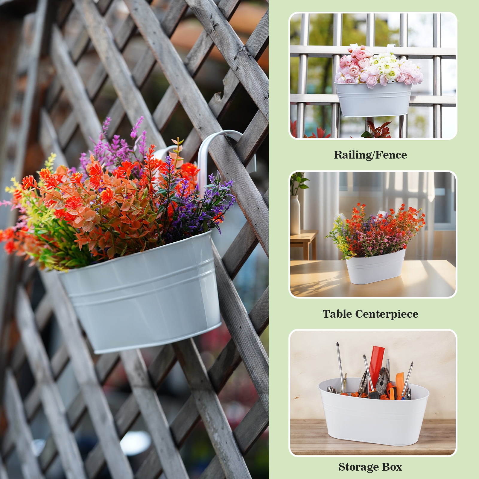 urorentea 3Pcs Metal Hanging Flower Pots for Outdoor Plants, Iron Railing Planter with Detachable Hooks and Drain Holes, Hanging Pots Fence Planters for Railing Garden Fence Balcony (white)