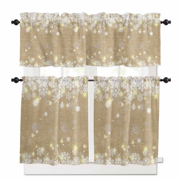 Winter Snowflakes Bright Kitchen Curtains and Valances Set, Christmas Star Brown Patches Rod Pocket Window Valance 18 Inch Window Curtain Panels for Living Room Bedroom Laundry, 27.5x36in, 3 Pieces