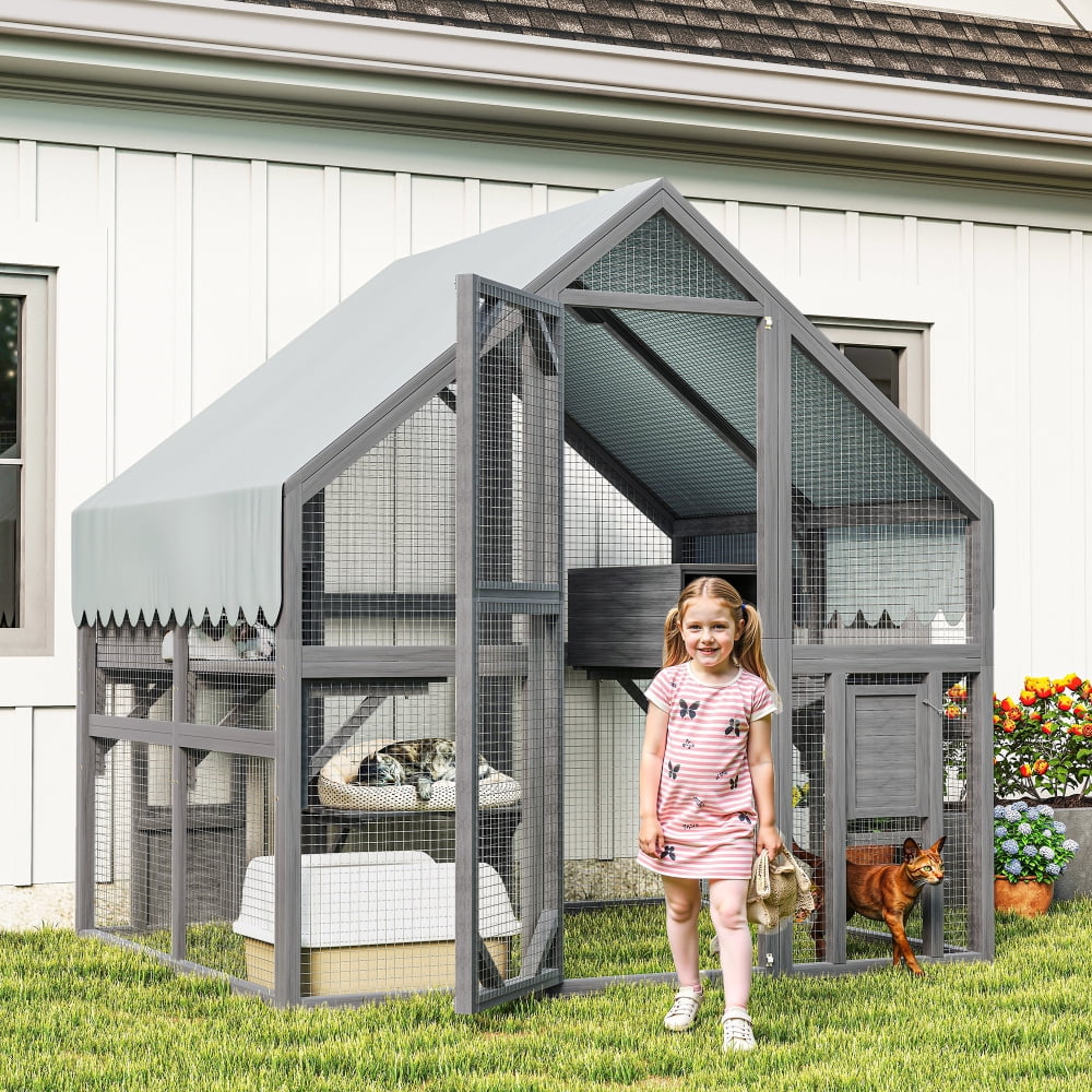 Large Wooden Outdoor Cat Enclosure, Multi-Cat Catio with Platforms, Resting Boxes & Bridge, Waterproof UV Proof Canopy Included