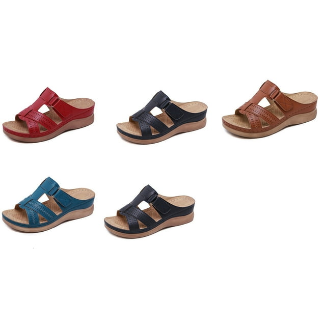 SUNSIOM Women's Low Wedge Sandals Vintage Open Toe Slides Slippers Lightweight Slip On Wedge Shoes