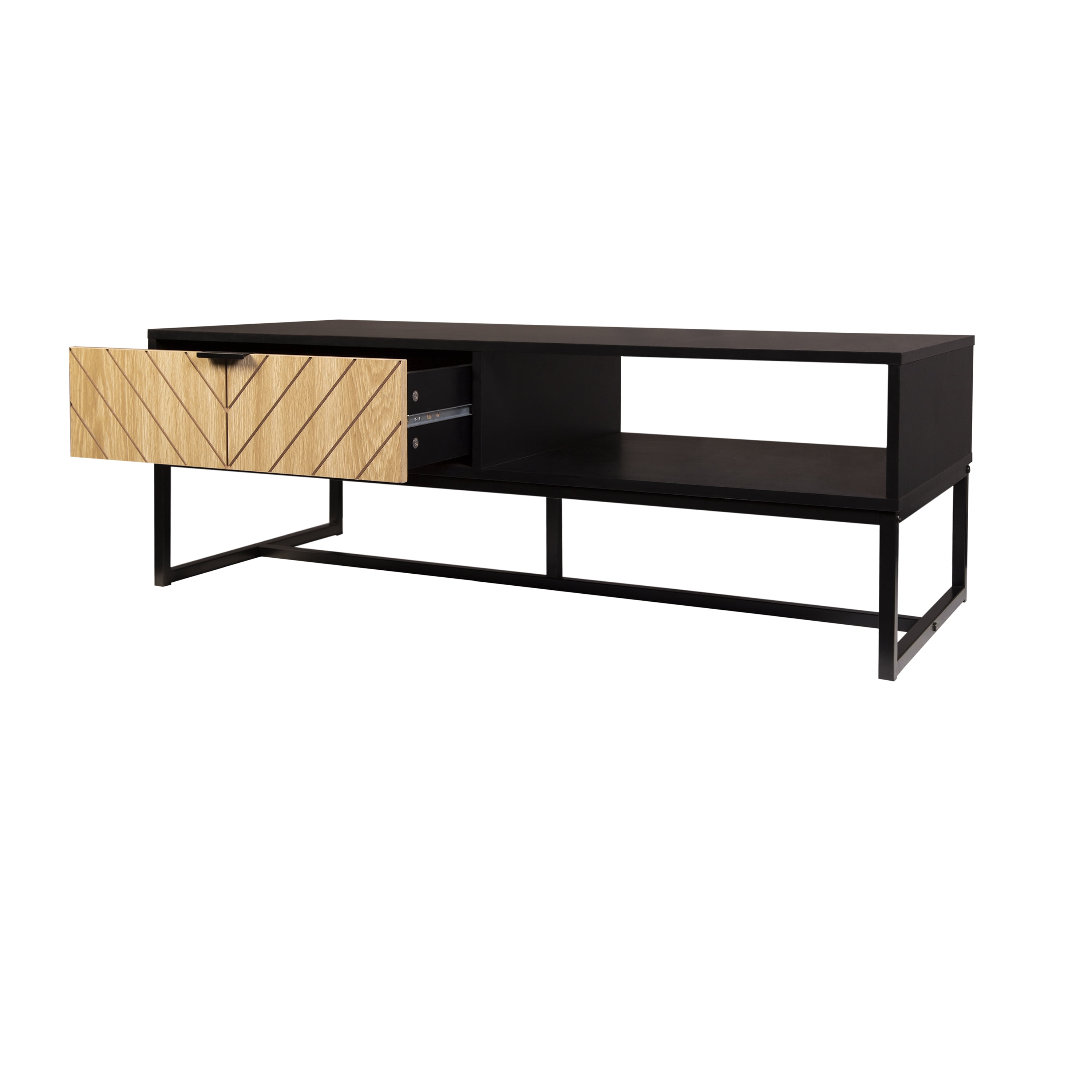 Bali Coastal Modern TV Stand with Storage Cubby and Natural Wood Drawer, Black
