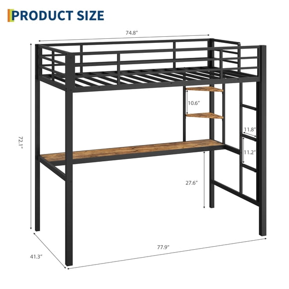 Kojooin Twin Size Loft Bed with Desk and Storage Shelves, Sturdy Metal Loft Bed with Ladder and Safety Guardrail