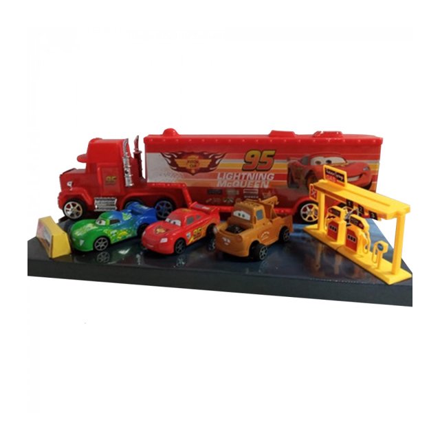 carro de fricción de juguete cars t354267 1 trailer 3 carros estacion gas rojo tráiler Mack rojo 37 cm con contenedor que se abre, tres carros de 8 cm (Rayo McQueen y amigos), ruedas de goma con fricción en las cuatro ruedas, accesorio estación de gasolina amarillo, plástico, para 3 años+.