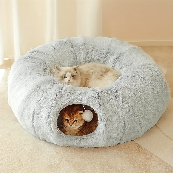 3-in-1 Plush Cat Tunnel Bed with Hanging Ball - Removable Washable Soft Fabric, Foldable S-Shaped & Semi-Circle Design for Small Medium Large Cats, Indoor Play & Cozy Hideaway Bed, Cat Bed