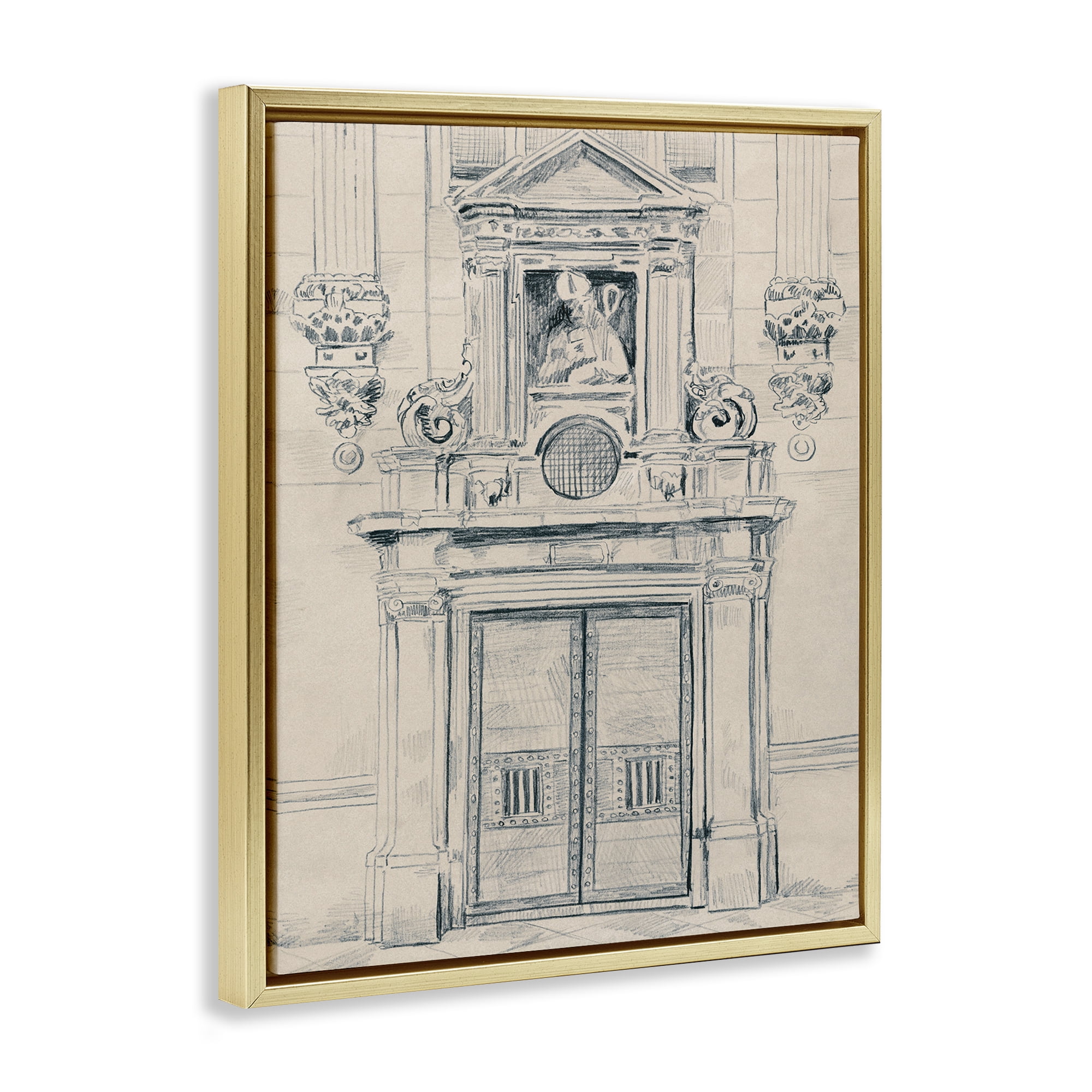 Stupell Industries Detailed Architecture Door Town & City Drawing Gold Floater Framed Art Print Wall Art, 25 x 31
