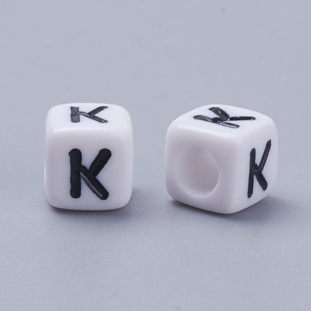 Acrylic Horizontal Hole Letter Beads Cube White Letter K Size: about 6mm wide 6mm long 6mm high hole: about 3.2mm about 2600pcs/500g Acrylic