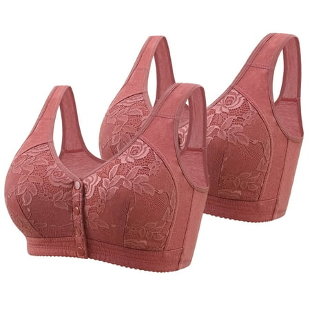 REORIAFEE Underwear Bra for Women 2 Pack Front Closure Gathered Together Wireless Bras Lace embroidery Brassiere Breathable Wide Strap Comfy Corset Underwear Classic Lingerie Wine 48/110