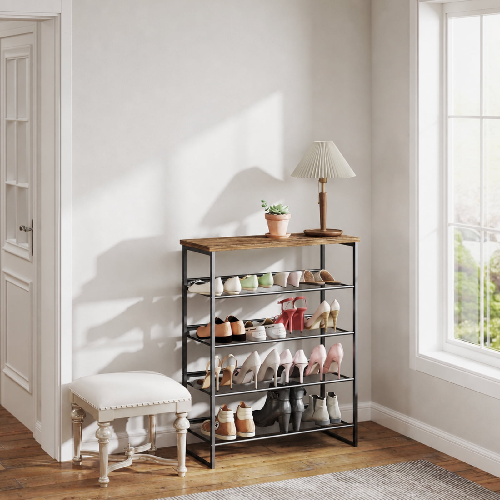 Fenbeli 5-Tier Metal Shoe Rack Free Standing Storage Organizer Holds 15 Pairs for Entryway and Closet, Black