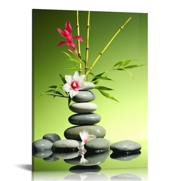 COMIO Zen Decor Canvas Wall Art - Green Bamboo Picture Framed Painting for Living Room Bedroom Kitchen Home Office Stones and Orchid Spa Poster Ready to Hang
