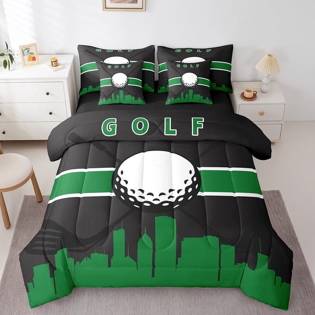 YST Ensemble de Couette de Jeu à Thème Sportif, 7 Pcs, Simple, Imprimé Golf Vert Foncé Noir