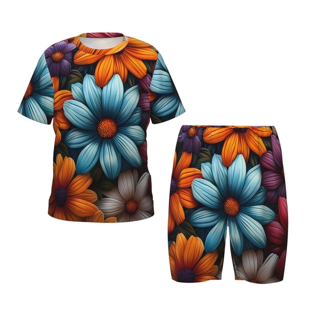 Balery Colorful Blooming Flowers Conjunto de Pijama Infantil de Manga Corta con Estampado – Ropa de Dormir de Algodón Suave-3X-Large