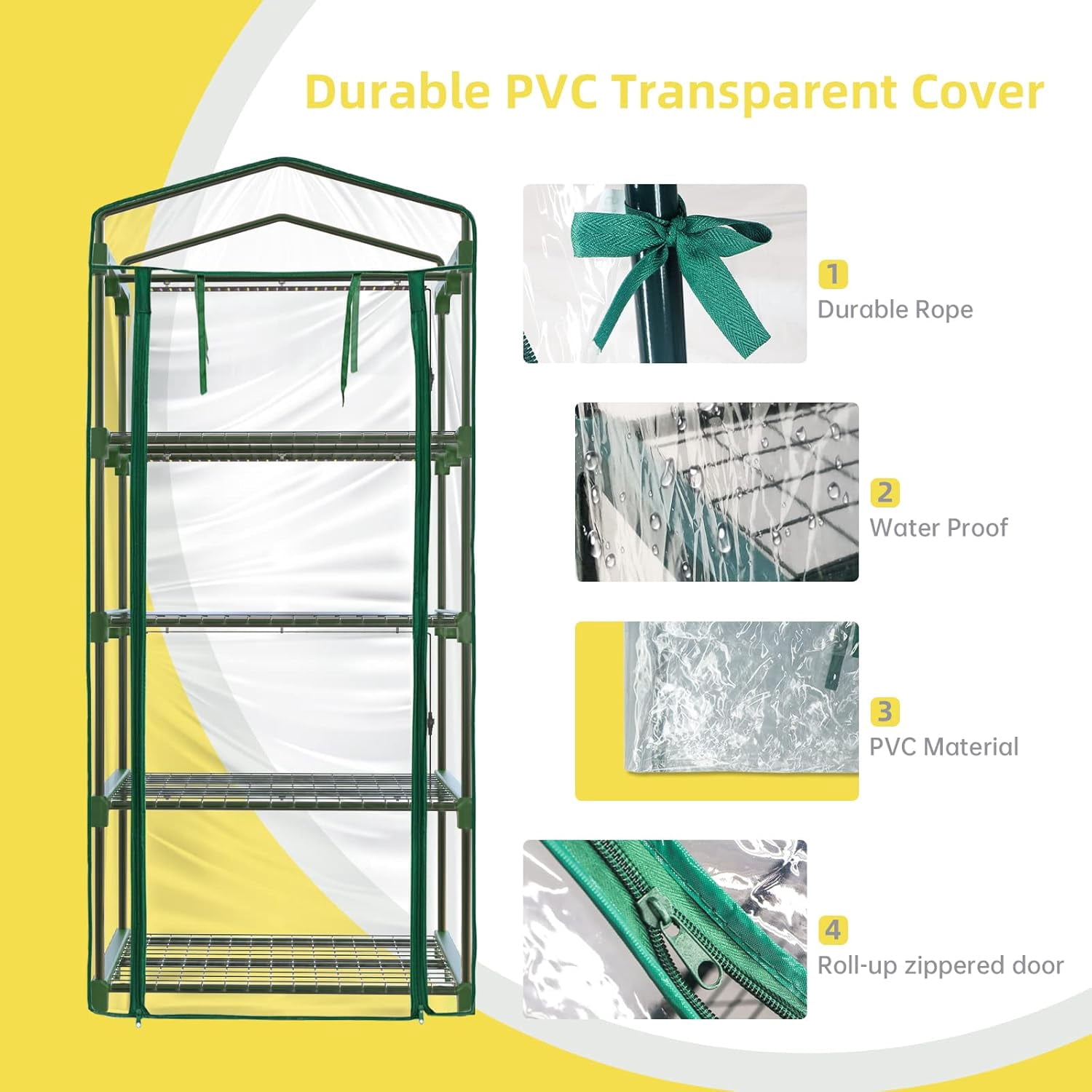 Indoor Greenhouse with Grow Lights - 4 Tiers 27.6"L×19.3"W×61.4"H Outdoor Mini Green House with Zip PVC Cover and Dimmable 15W Full Spectrum Plant Light with Timer for Seed Starting Trays
