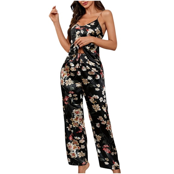Gpaecead Satin Pajama Set for Women Silk Pjs for Women Set Camisole Top Sleepwear S Black