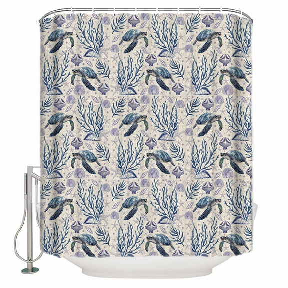 Small Stall Shower Curtain 48x72 Inch Narrow Half Size Coastal Ocean Bath Curtains Bathroom Decor Blue Turtle Starfish Retro Coral Shell Waterproof Fabric Shower Curtain Set with Hooks 48 Inch