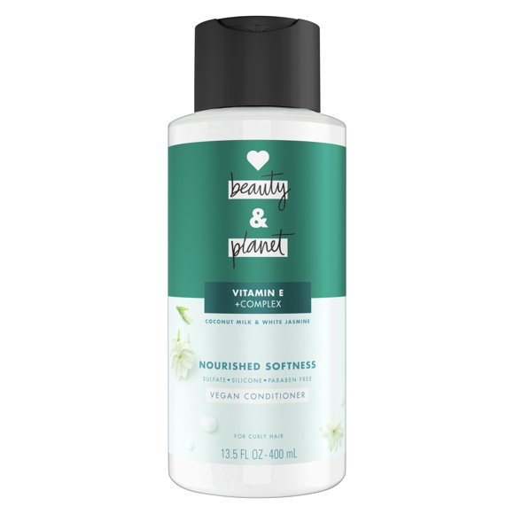 Acondicionador Love Beauty and Planet con vitamina E, leche de coco y jazmín blanco para cabello rizado y definición natural, sin sulfato, silicona ni parabenos. Libre de crueldad. 13,5 onzas