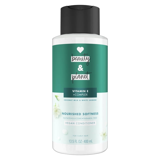 Acondicionador Love Beauty and Planet con vitamina E, leche de coco y jazmín blanco para cabello rizado y definición natural, sin sulfato, silicona ni parabenos. Libre de crueldad. 13,5 onzas