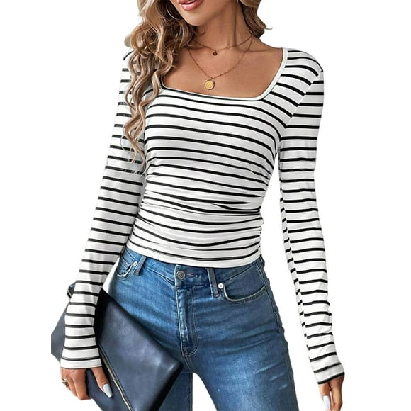 Women'S Long Sleeve Square Neck Shirts Casual Slim Fit Rib Knit Tops Summer Fall Business Tee Black & White XL