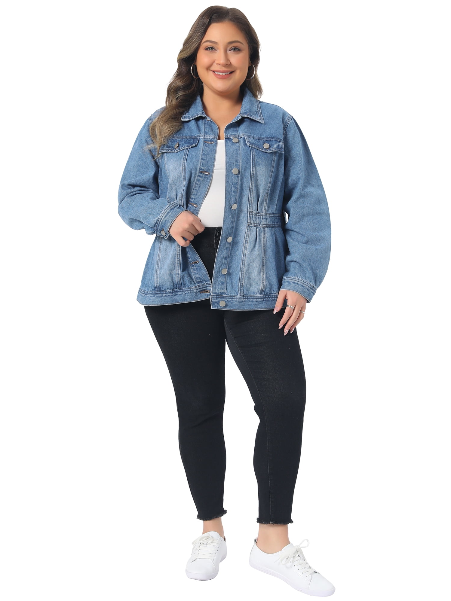DARING DIVA Women's Plus Size Button Washed Front Loose Jean Jacket 4X Light Blue