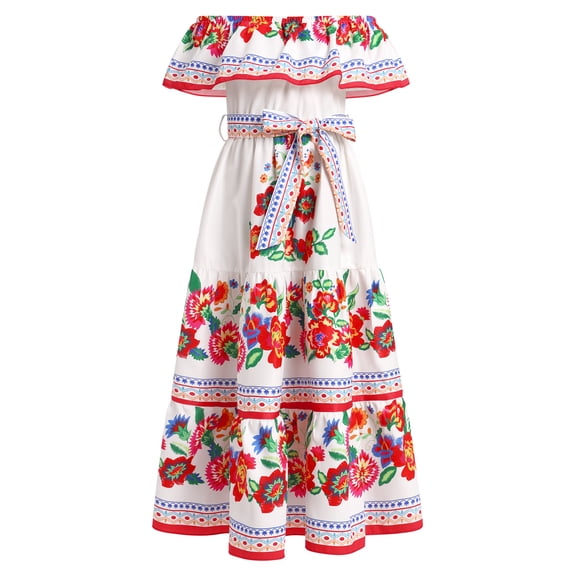 IDOPIP Girls Mexican Dress Spring Summer Floral Print Off-Shoulder Ruffle Traditional Folk Maxi Dress Belted Cinco De Mayo Fiesta Sundress 5-6 Years White Red