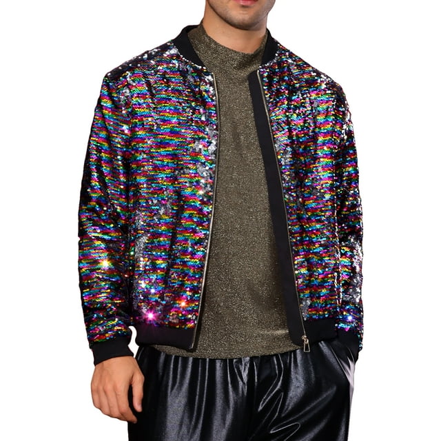 Chaqueta Bomber de Lentejuelas Brillantes para Hombre, Cierre, Fiesta, Disco, Metálica, Estilo Varsity, S Multicolor