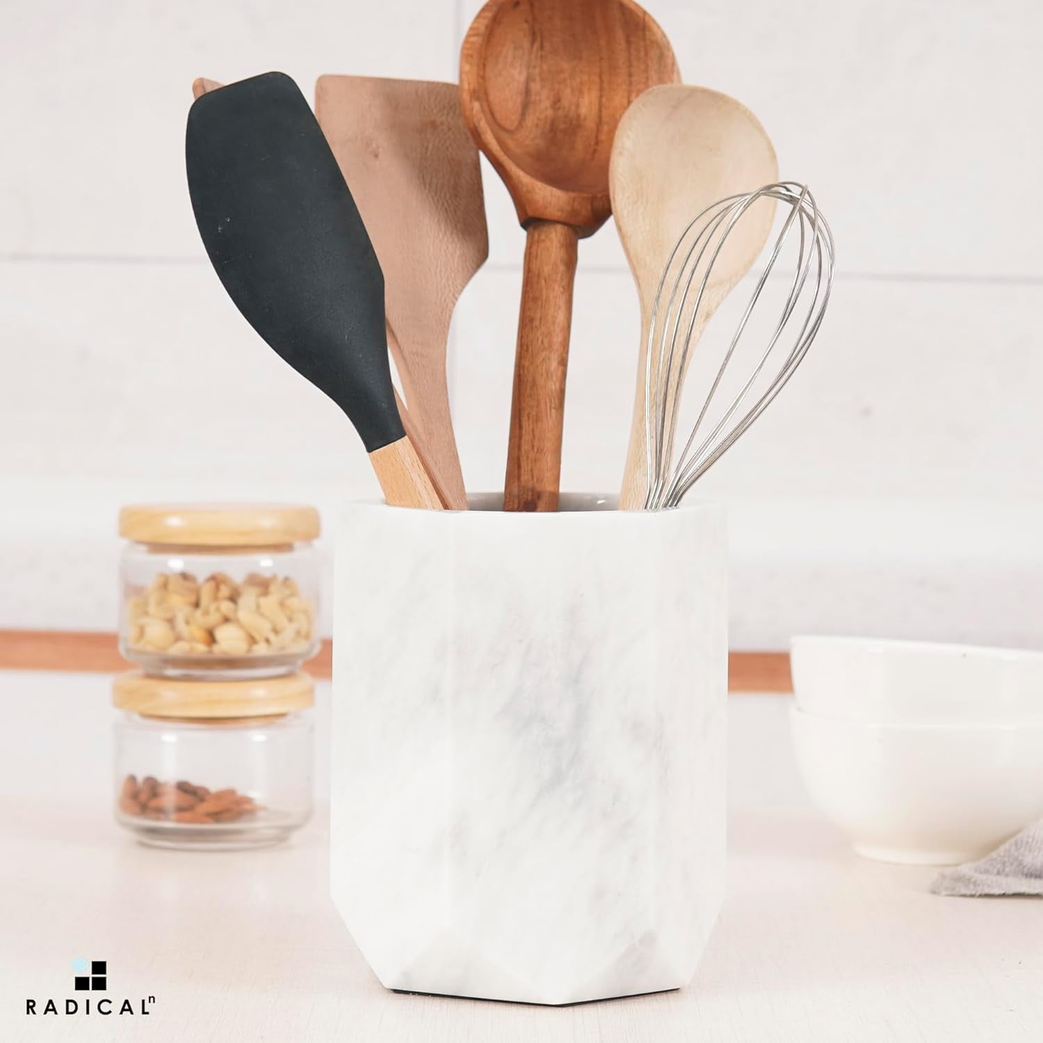 Radicaln Marble Utensil Holder 6.5" White Handmade Kitchen Utensil Holder – Classic Cooking Utensil Organizer and Spoon Holder for Countertop, Decorative Utensil Caddy & Modern Kitchen Essentials
