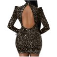 thumbnail image 3 of AherBiu Robe à Paillettes pour Femmes Soirée de Nuit Manches Longues Dos Nu Encolure Goutte Scintillante Ajustée Mini Robes, 3 of 7
