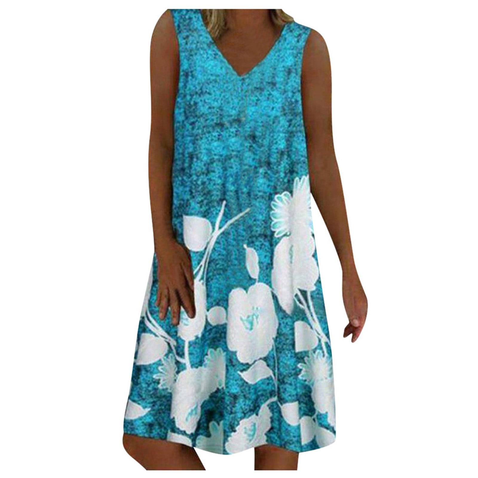 Womens Casual Dresses Sleeveless Summer V Print Floral A-line Neck ...