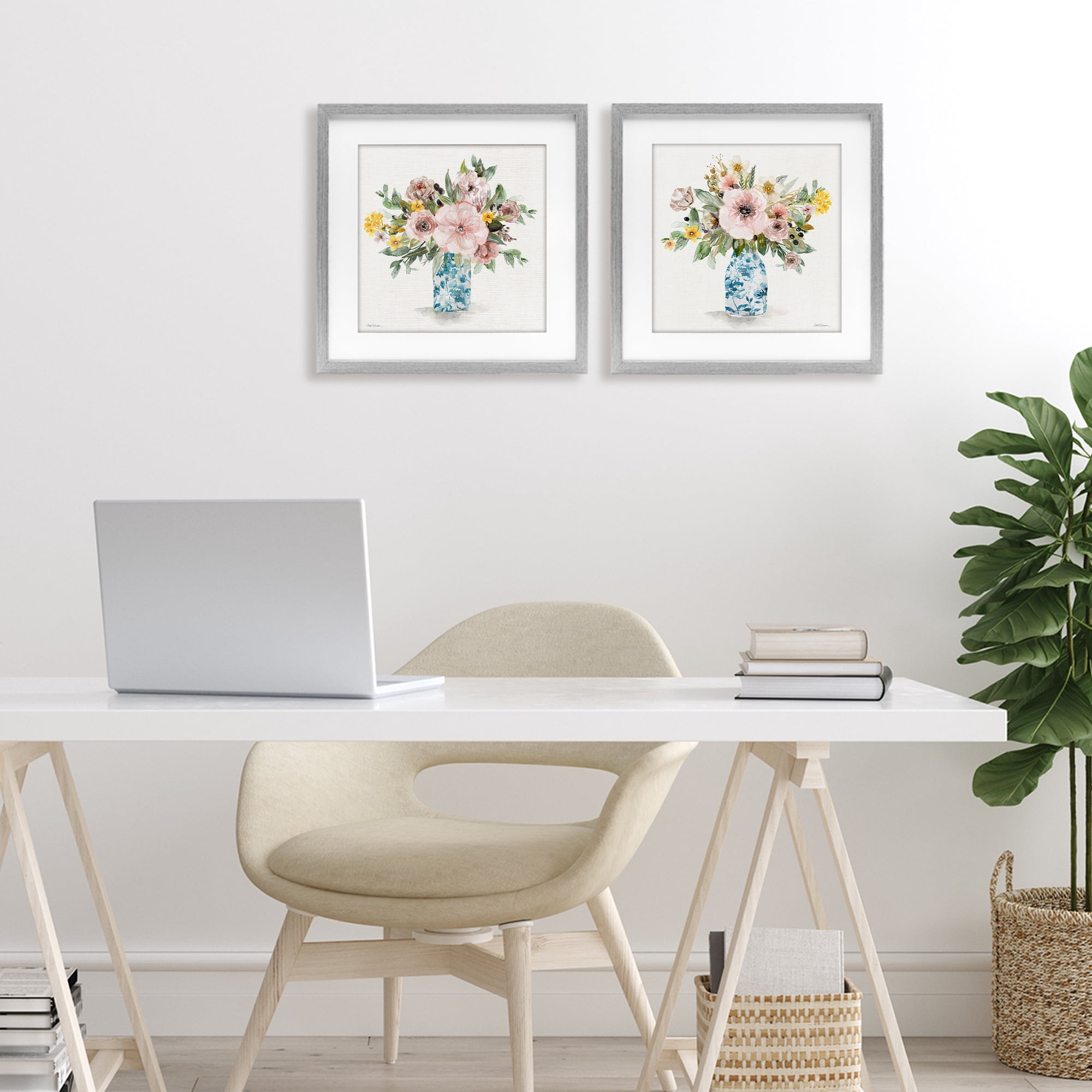 Stupell Industries Summer Chinoiserie Flowers 2 Piece Gray Framed Print Under Glass Set, design by Carol Robinson