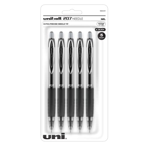 uni-ball 207 Needle Retractable Gel Pens, Medium Point (0.7mm), Black, 5 Count