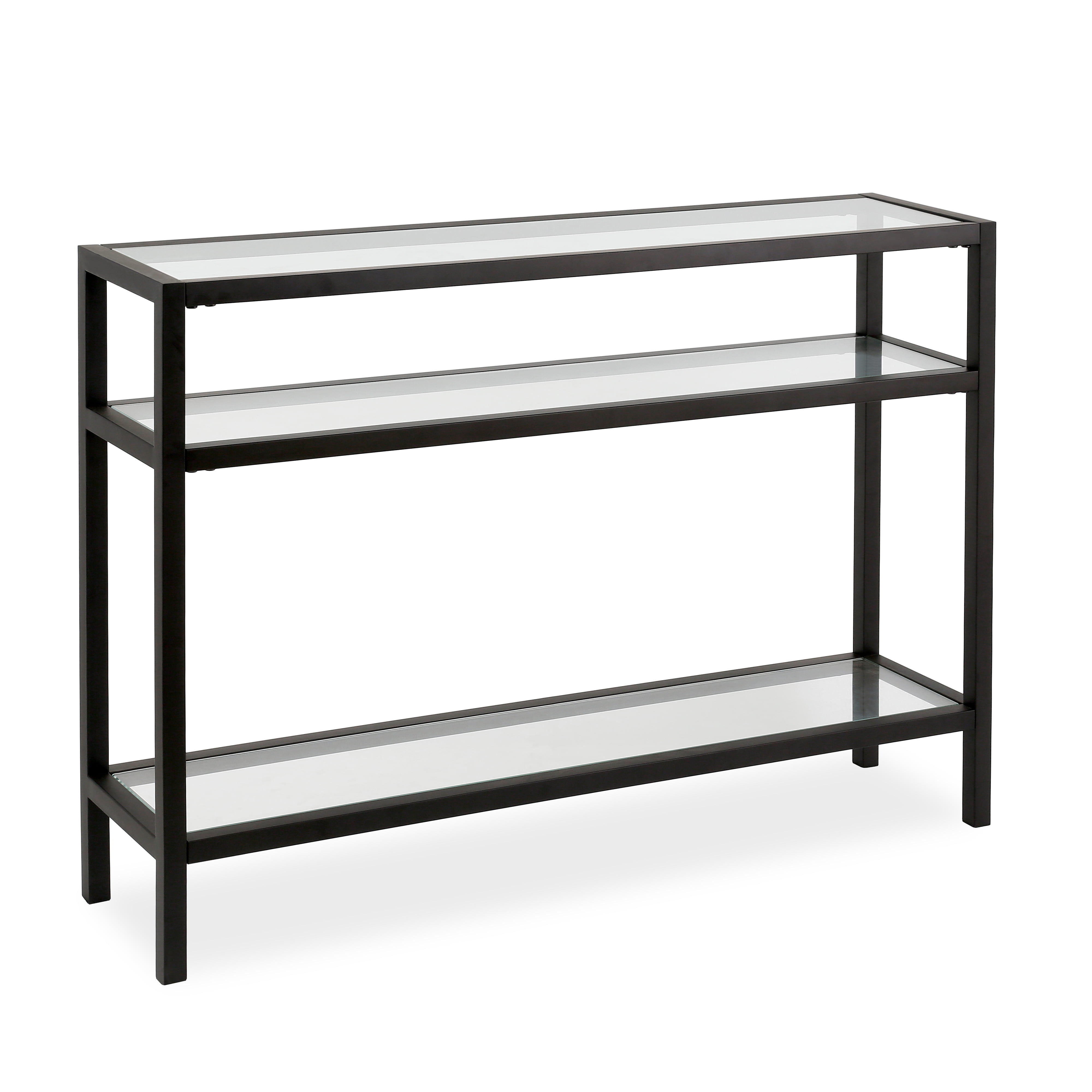 Evelyn Zoe Contemporary Metal Console, Black Metal Sofa Table With Glass Top