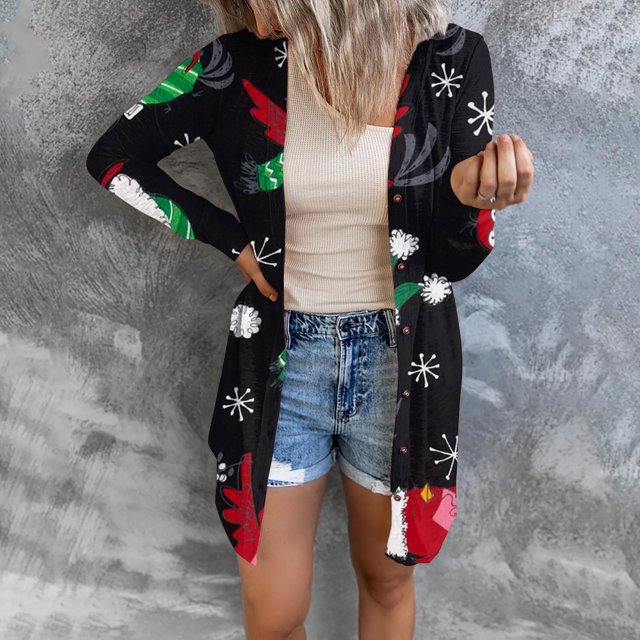 Pntutb Mujer Navidad Impresión Moda Casual Botón Manga Larga Rebeca Top Blusa Pntutb Pntutb-6171
