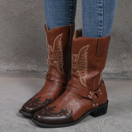 

TALKVE Booties Strap Round Buckle Middle Print Women Heels Embroidery Shoes Retro Toe Women s Boots