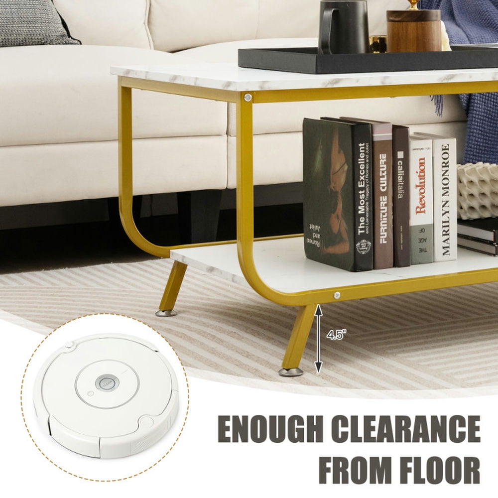 Finihen Coffee Table, Faux Marble Coffee Table, 2-Tier Faux Marble Top Rectangular Coffee Table with Metal Frame, for Living Room, Reception Room, White Finihen Coffee Table, Faux Marble Coffee Table, 2-Tier Faux Marble Top Rectangular Coffee Table with Metal Frame, for Living Room, Reception Room, White