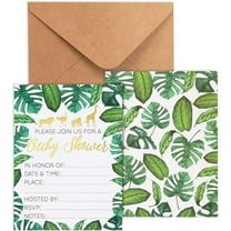 Baby Shower Invites - 36 Fill-in Baby Shower Invitations w/ Envelopes, Tropical Safari Animal Theme, Green Palm Leaves with Gold Foil Designs, Party Supplies for Baby Showers or Parties, 5 x 7 Inches