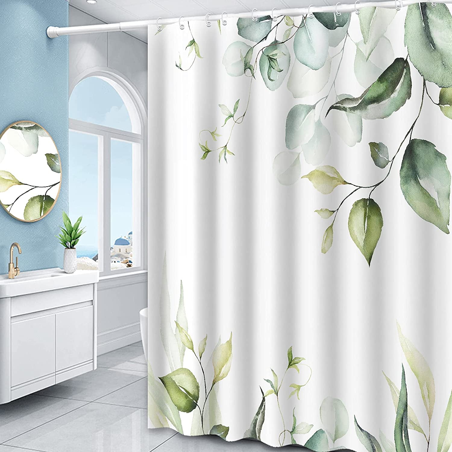 Rideau De Douche Papillon Avec Fleurs Bleues Et Plantes Vertes Lavable En Polyester Impression