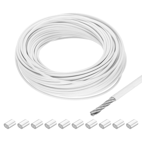 98Ft Wire Rope 304 Stainless Steel Cable 1/8" Vinyl Coated with 10pcs Aluminum Sleeves White
