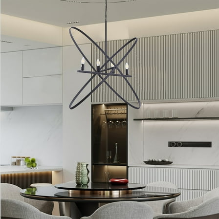 Noble House 29" Atom Pendant Light, E12 4-Light Orb with Brass Metal Bands, Modern LED Hanging Fixture, Matte Black