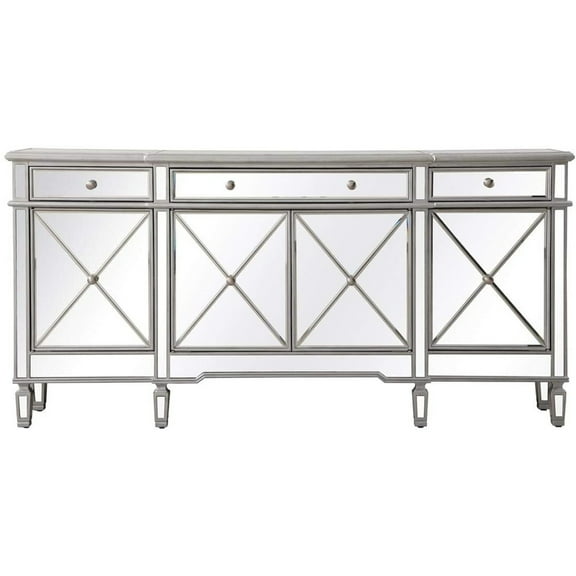 Homestock Contemporary Chic 72 Inch Mirrored Credenza In Silver, Stunning Glass Panels, Ample Storage With Four Doors And Three Drawers For Any Room.