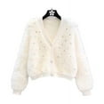 thumbnail image 5 of Suéter de mujer con cuentas japonesas, abrigo de otoño e invierno, cuello en V, suave y dulce cárdigan de punto de terciopelo de visón, top corto, 5 of 5