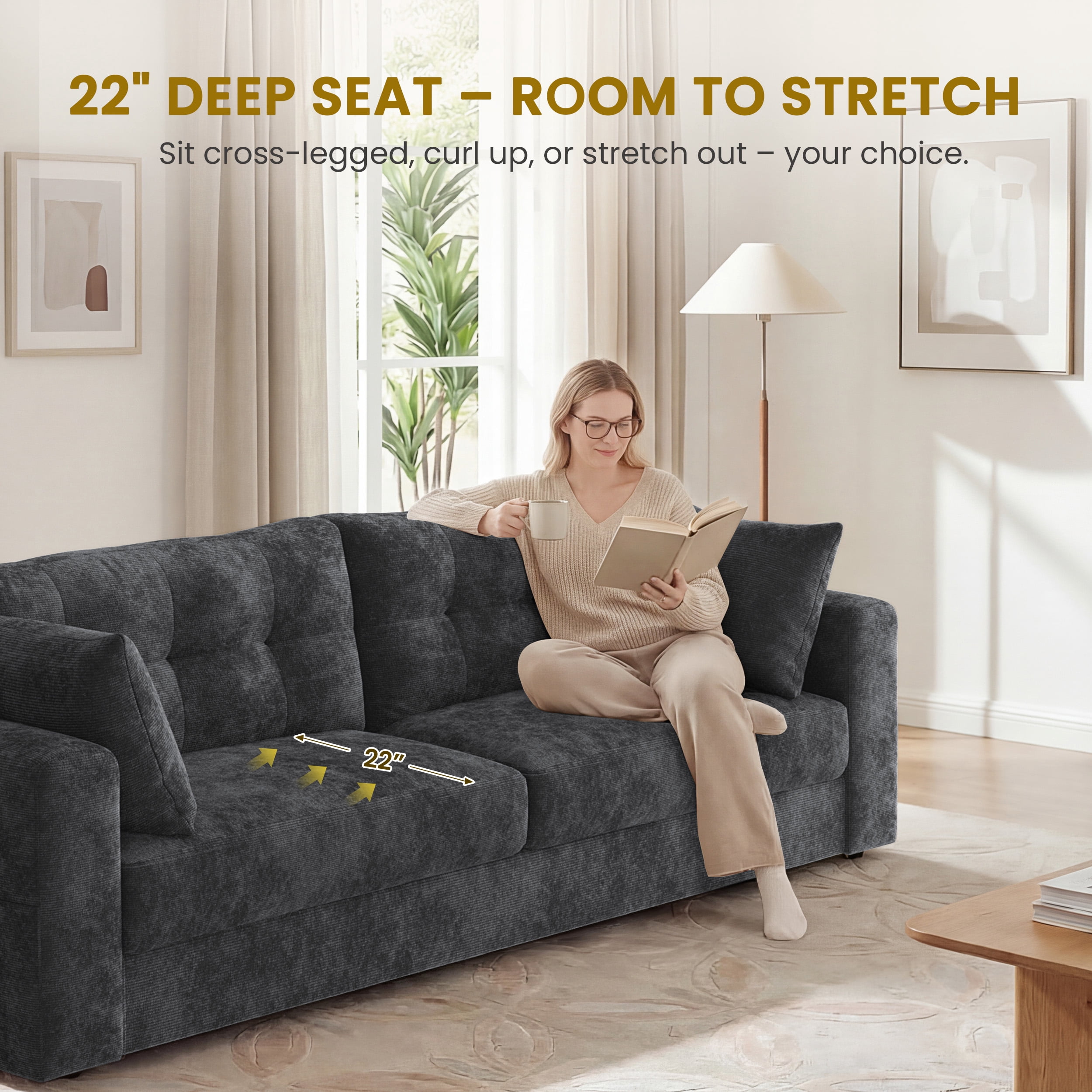 WISHEAD 87" Large 3 Seater Sofa Couch for Living Room, Office, Oversized Couches with Extra Deep Seat, USB Charging Port, 2 Pillows, Dark Gray