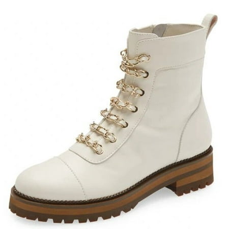 

Cecelia New York Chance Ivory Gold Chain Lace Side Zipper Round Toe Ankle Boots (Ivory 9)